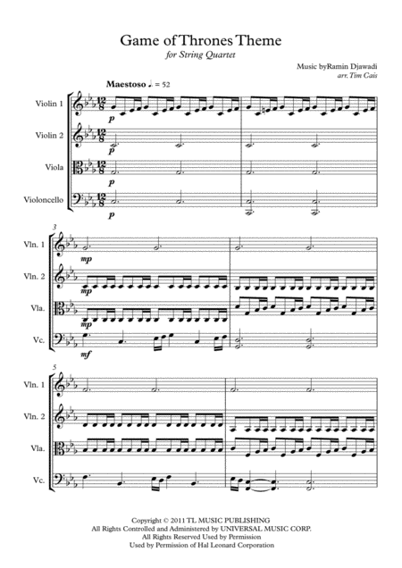 Game Of Thrones Theme String Quartet Sheet Music