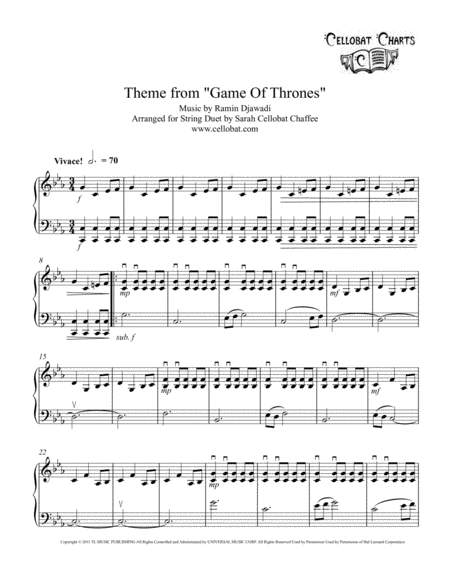 Game Of Thrones Theme Violin Cello Duet Ramin Djawadi Arr Cellobat Recording Available Sheet Music