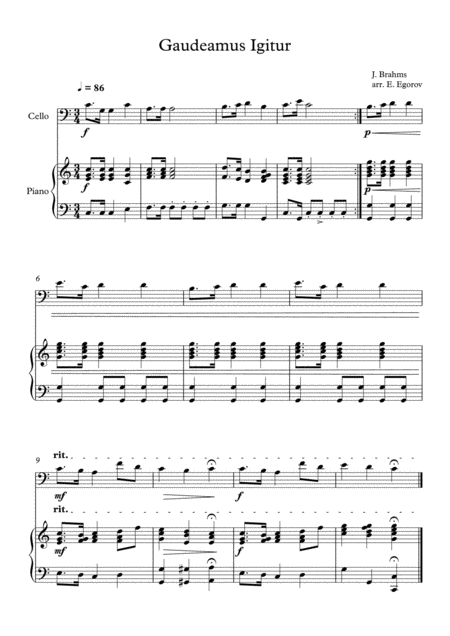 Free Sheet Music Gaudeamus Igitur Johannes Brahms For Cello Piano