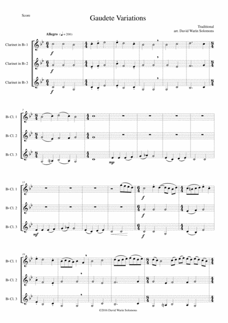 Gaudete Variations For Clarinet Trio Sheet Music