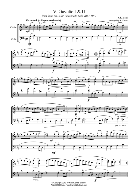 Gavotte 1 2 Bwv 1012 For Violin And Cello Sheet Music