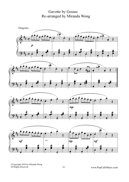 Gavotte By Gossec Famous Classical Piano Solo Intermediate Level Sheet Music