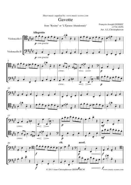 Gavotte From Rosine Cello Duet Sheet Music