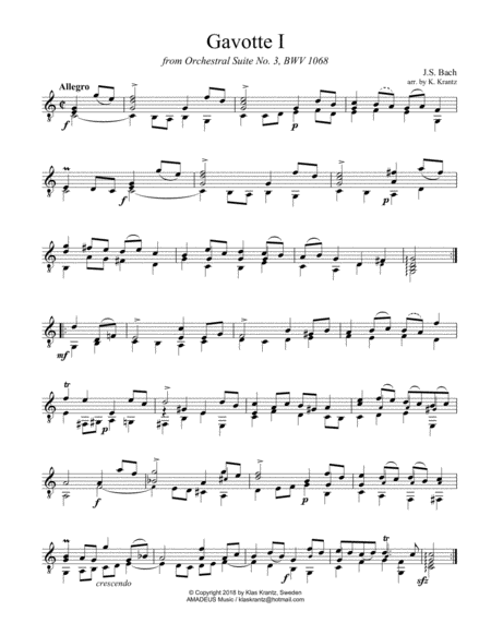 Gavotte I Bwv 1068 For Guitar Solo Sheet Music