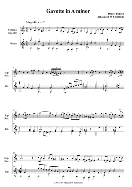 Gavotte In A Minor For Soprano Recorder And Guitar Sheet Music