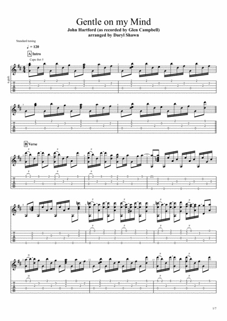 Gentle On My Mind For Solo Fingerstyle Guitar Sheet Music