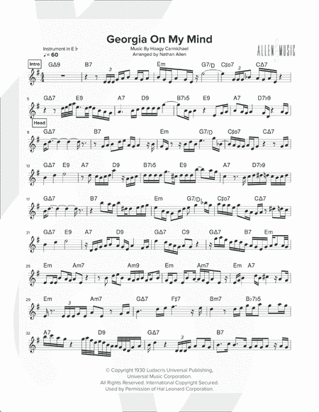 Georgia On My Mind Allen Music Alto Saxophone Sheet Music