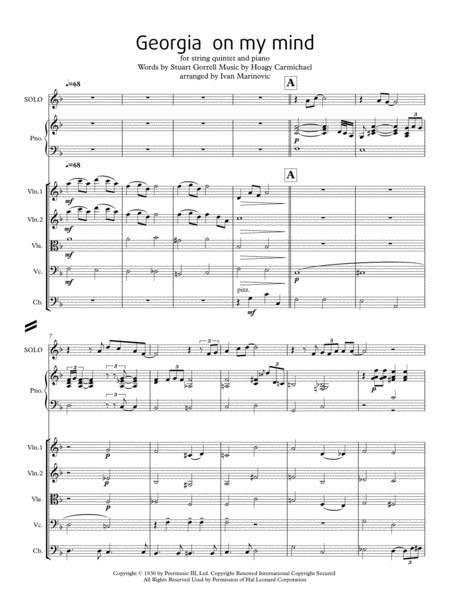 Georgia On My Mind For String Quintet And Piano Sheet Music