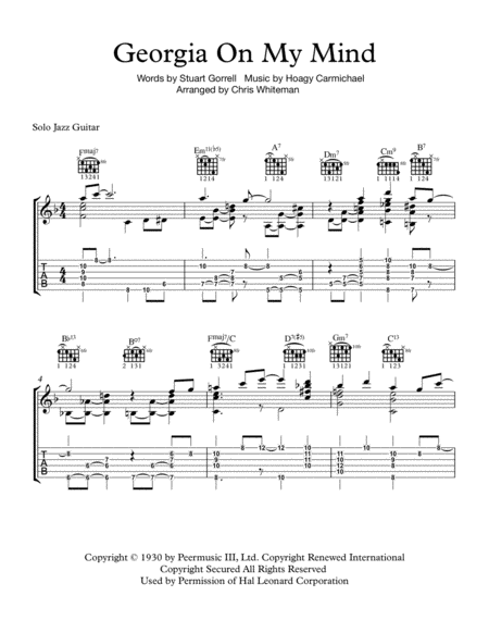 Georgia On My Mind Jazz Guitar Chord Melody Sheet Music