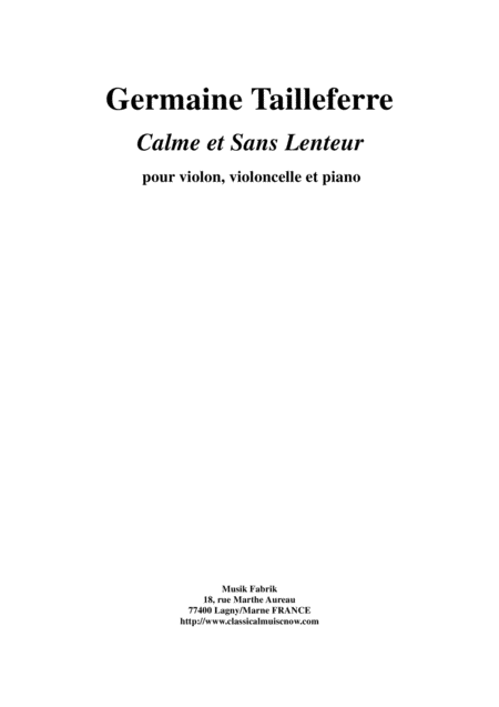 Germaine Tailleferre Calme Et Sans Lenteur For Piano Trio Sheet Music