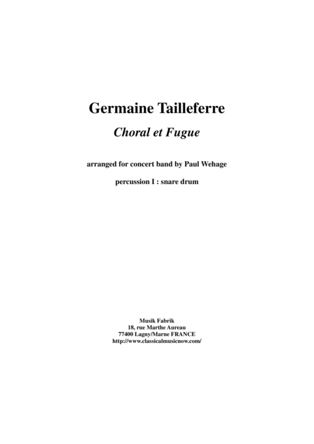 Germaine Tailleferre Choral Et Fugue Arranged For Concert Band By Paul Wehage Percussion 1 Part Sheet Music