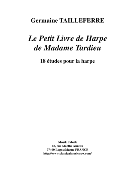 Germaine Tailleferre Le Petit Livre De Harpe De Madame Tardieu 18 Tudes For The Harp Sheet Music