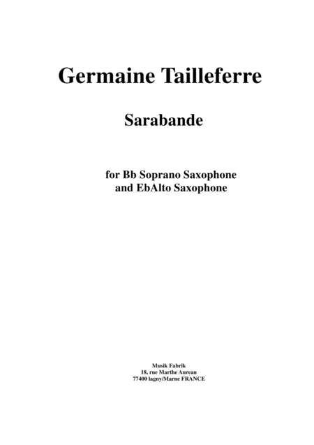 Germaine Tailleferre Sarabande For Soprano Saxophone And Alto Saxophone Sheet Music