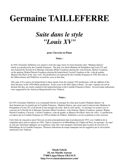 Germaine Tailleferre Suite Dans Le Style Louis Xv For Harspichord Or Piano Sheet Music