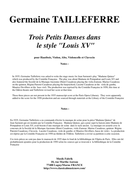 Free Sheet Music Germaine Tailleferre Trois Petits Danses Dans Le Style Louis Xv For Oboe Violin Viola Cello And Harpsichord