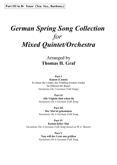 German Spring Song Collection 5 Concert Pieces Multiplay Part 3 In Bb Tenor Sheet Music