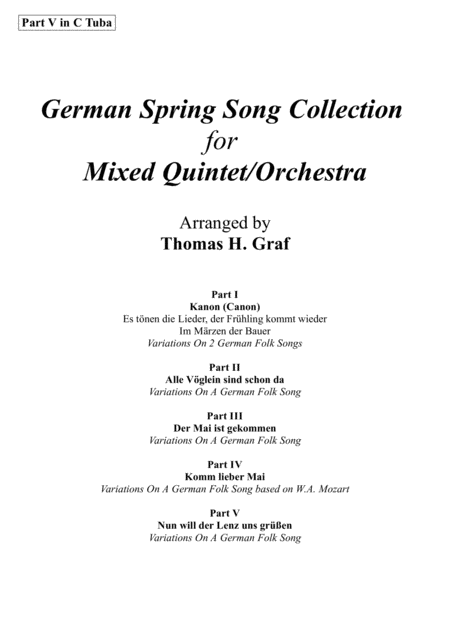 German Spring Song Collection 5 Concert Pieces Multiplay Part V In C Sheet Music