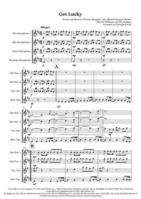 Free Sheet Music Get Lucky By Daft Punk Saxophone Quartet Aatb