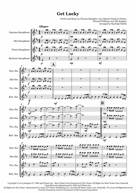 Get Lucky By Daft Punk Saxophone Quartet Satb Sheet Music