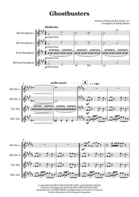 Ghostbusters By Ray Parker Jr Saxophone Quartet Aatb Sheet Music