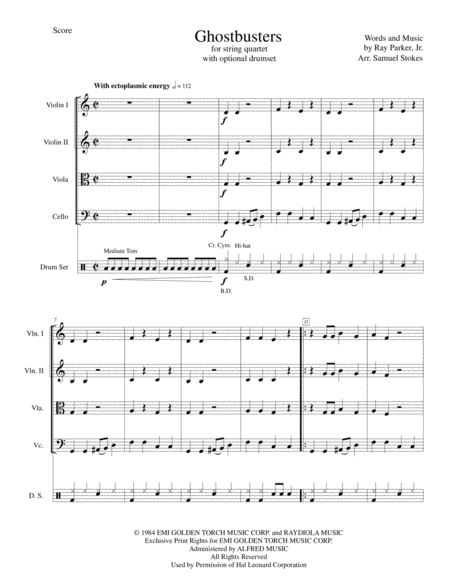 Ghostbusters Movie Theme For String Quartet With Optional Drumset Sheet Music