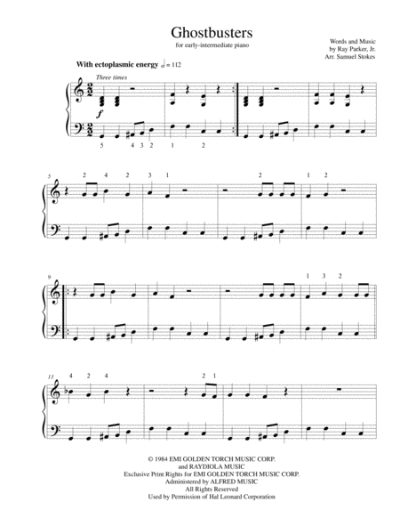 Ghostbusters Movie Theme Song For Early Intermediate Piano Sheet Music