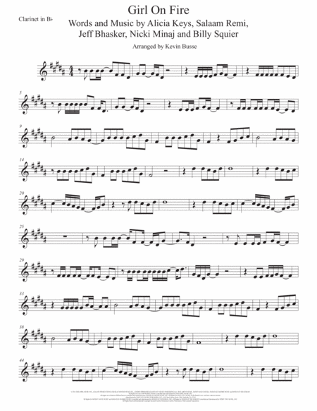 Girl On Fire Clarinet Original Key Sheet Music