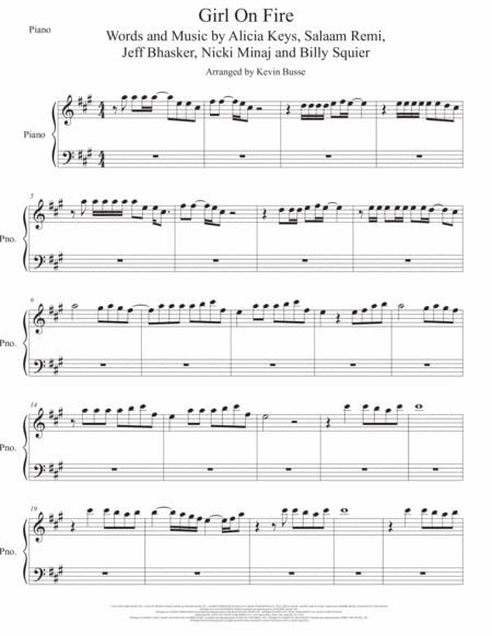 Girl On Fire Piano Original Key Sheet Music