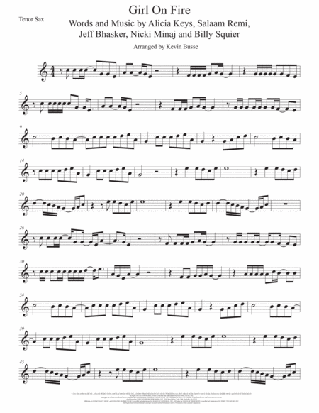 Girl On Fire Tenor Sax Easy Key Of C Sheet Music