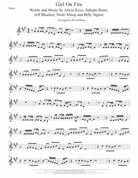 Girl On Fire Violin Original Key Sheet Music