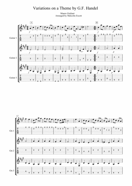 Free Sheet Music Giuliani Variations On A Theme By Handel