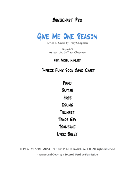 Free Sheet Music Give Me One Reason 7pc Funk Band Chart In G