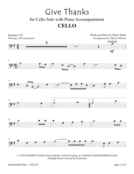 Give Thanks For Cello Solo With Piano Accompaniment Thanksgiving Sheet Music