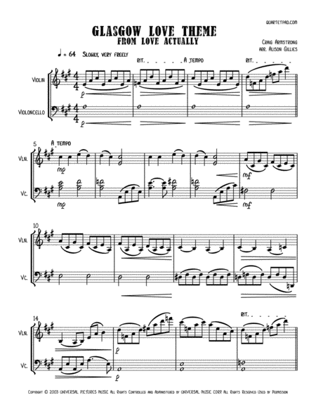 Glasgow Love Theme From Love Actually String Duo Vln Vc Sheet Music