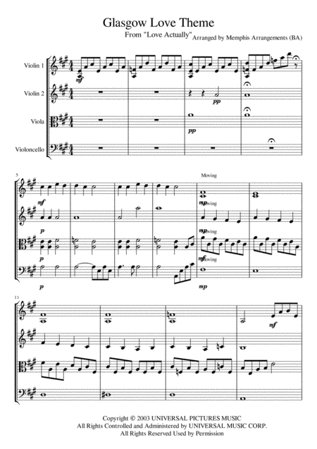 Glasgow Love Theme String Quartet Sheet Music