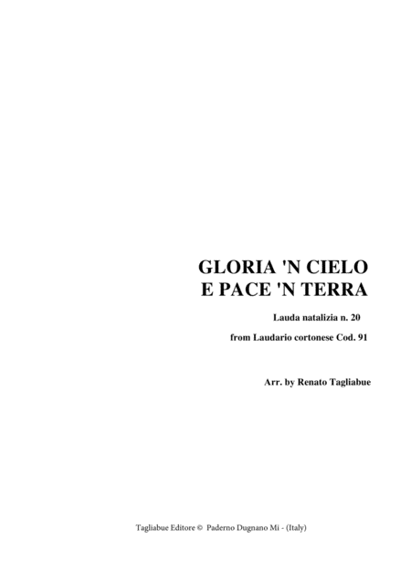 Gloria N Cielo E Pace N Terra From Laudario Cortonese For Satb Choir Sheet Music