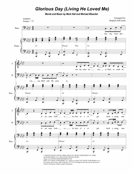 Glorious Day Living He Loved Me Duet For Tenor And Bass Solo Sheet Music