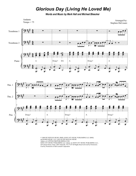 Glorious Day Living He Loved Me Trombone Duet Sheet Music