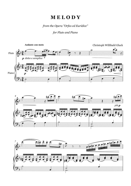 Free Sheet Music Gluck Melody From The Opera Orfeo Ed Euridice Flute And Piano