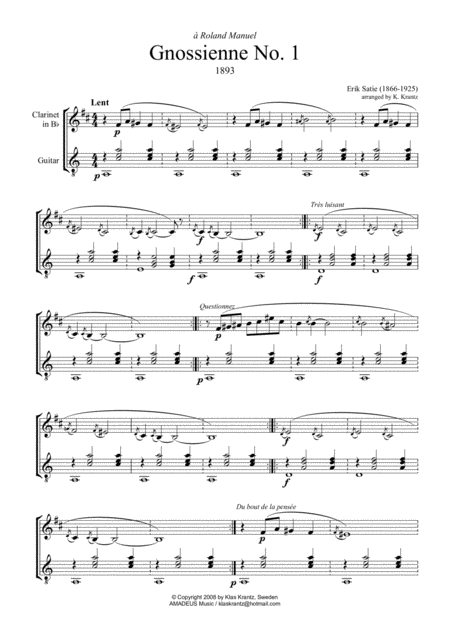 Free Sheet Music Gnossienne 1 2 3 5 For For Clarinet In Bb And Guitar