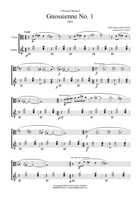 Free Sheet Music Gnossienne 1 2 3 5 For For Viola And Guitar