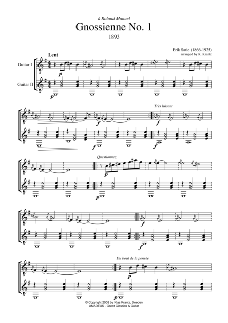Free Sheet Music Gnossienne 1 2 3 5 For Guitar Duo