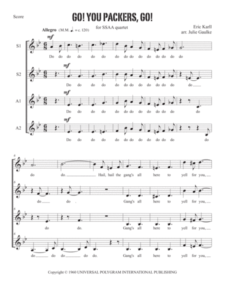 Go Packers Go Packers Fight Song For Ssaa Quartet Sheet Music