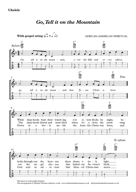 Go Tell It On The Mountain For Ukulele With Tab Sheet Music