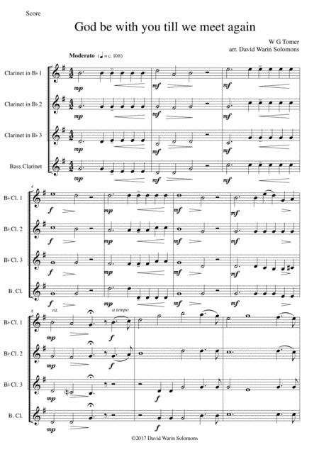 Free Sheet Music God Be With You Till We Meet Again For Clarinet Quartet 3 Bflats And 1 Bass