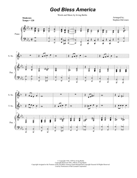 God Bless America Duet For Soprano And Tenor Saxophone Sheet Music