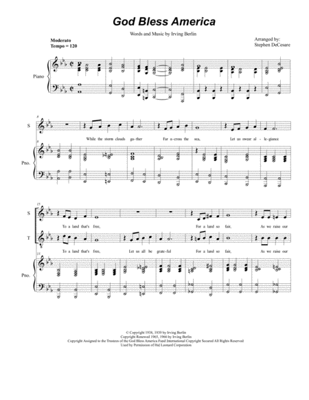 Free Sheet Music God Bless America For 2 Part Choir Sop Ten