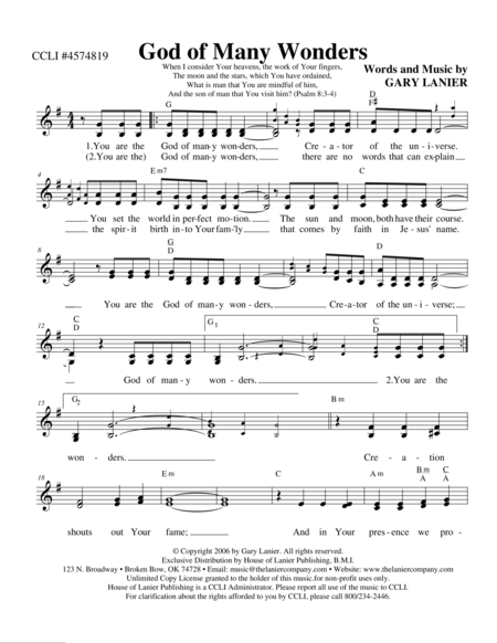 God Of Many Wonders Lead Sheet With Mel Lyrics And Chords Sheet Music