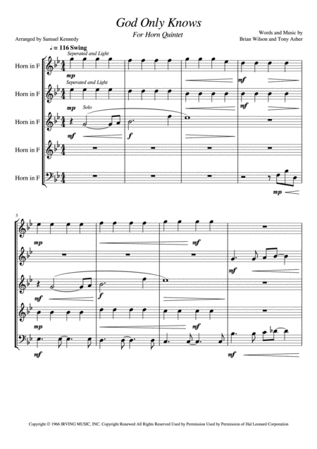 God Only Knows For Horn Quintet Sheet Music