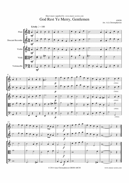 God Rest Ye Merry Gentlemen Flute Recorder Violin Viola Cello Sheet Music